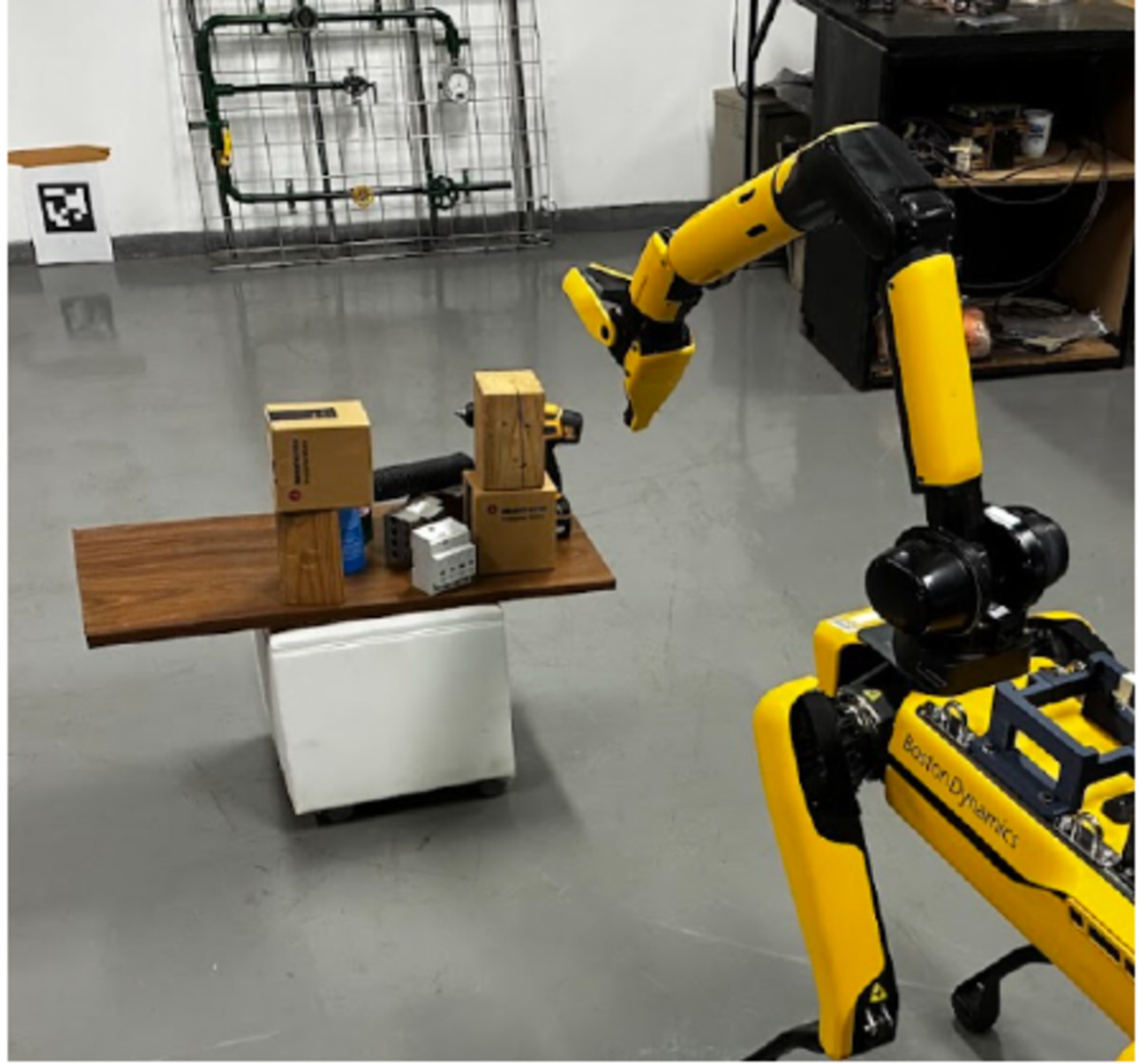 Boston Dynamics Spot reaching toward a target object in a cluttered manipulation experiment
